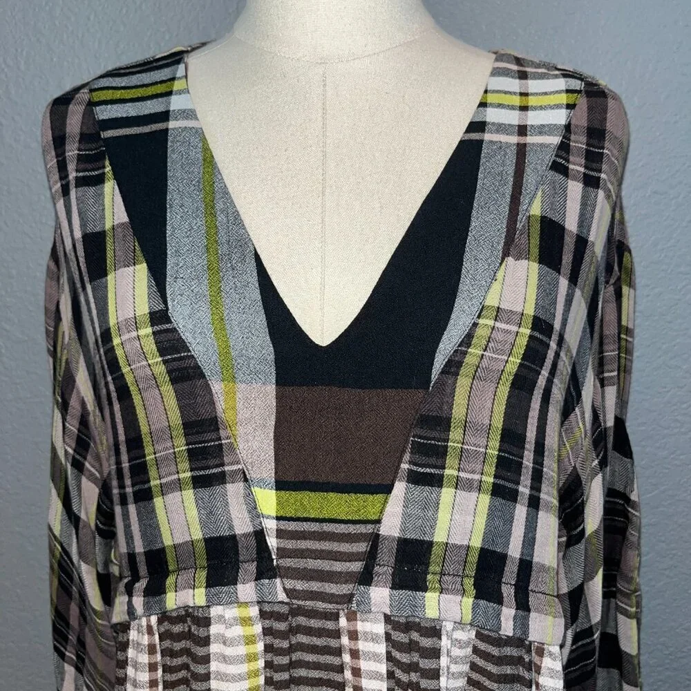 FREE PEOPLE Falling Stars Oversized Babydoll Plaid Mini Dress w/Tie Wrists - XS